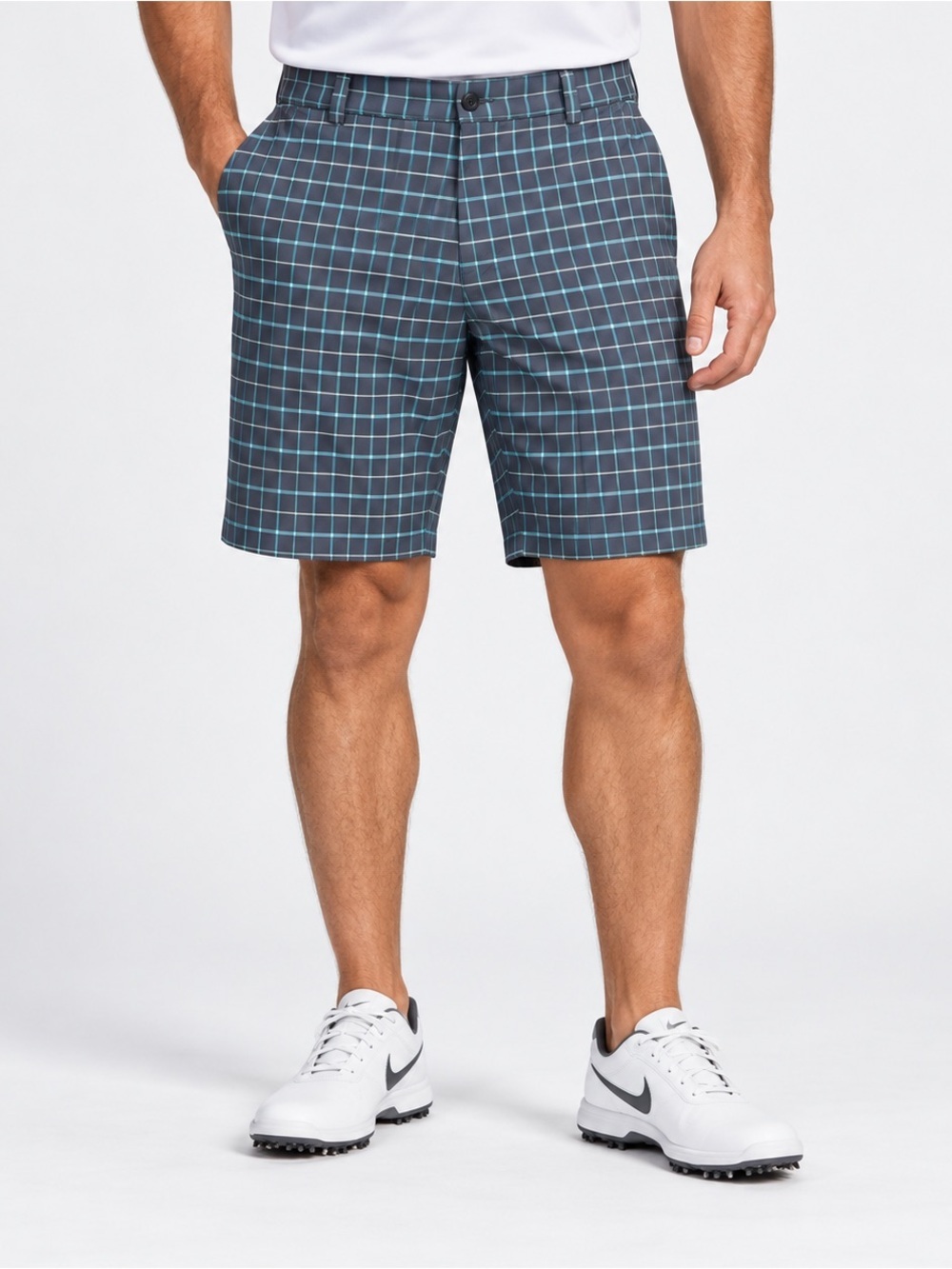 Nike Golf Shorts Mens Medium Lightweight Stretch Gray Blue Plaid